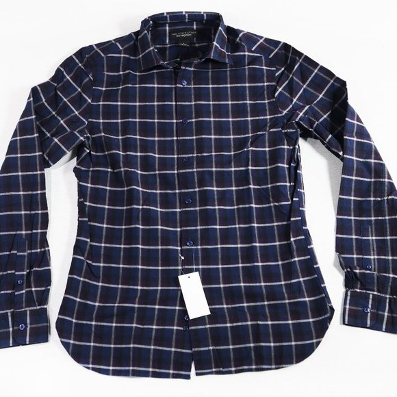 THE MENS STORE Plaid Check Navy Blue Black Buttom Front